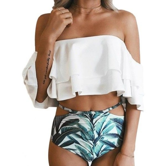 Other - Off Shoulder High Waisted Palm Print Ruffle Bikini
